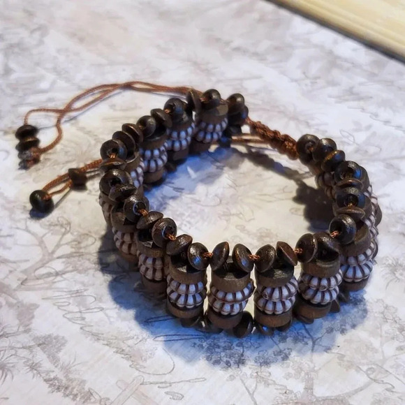 Vintage 90s Y2K Brown Wood Acrylic Rondelle Beads OSFA Adjustable Bracelet - Picture 2 of 9